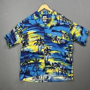 Ocean Current Vintage Original Hawaiian Men's L Blue Shirt Palms Sunset Aloha